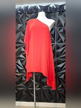 BCBG One-Shoulder Red Draped Tunic Dress